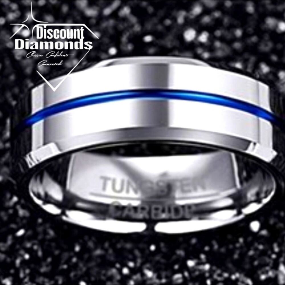Men / Women / Unisex  Tungsten Polished Silver with Blue ION Plating